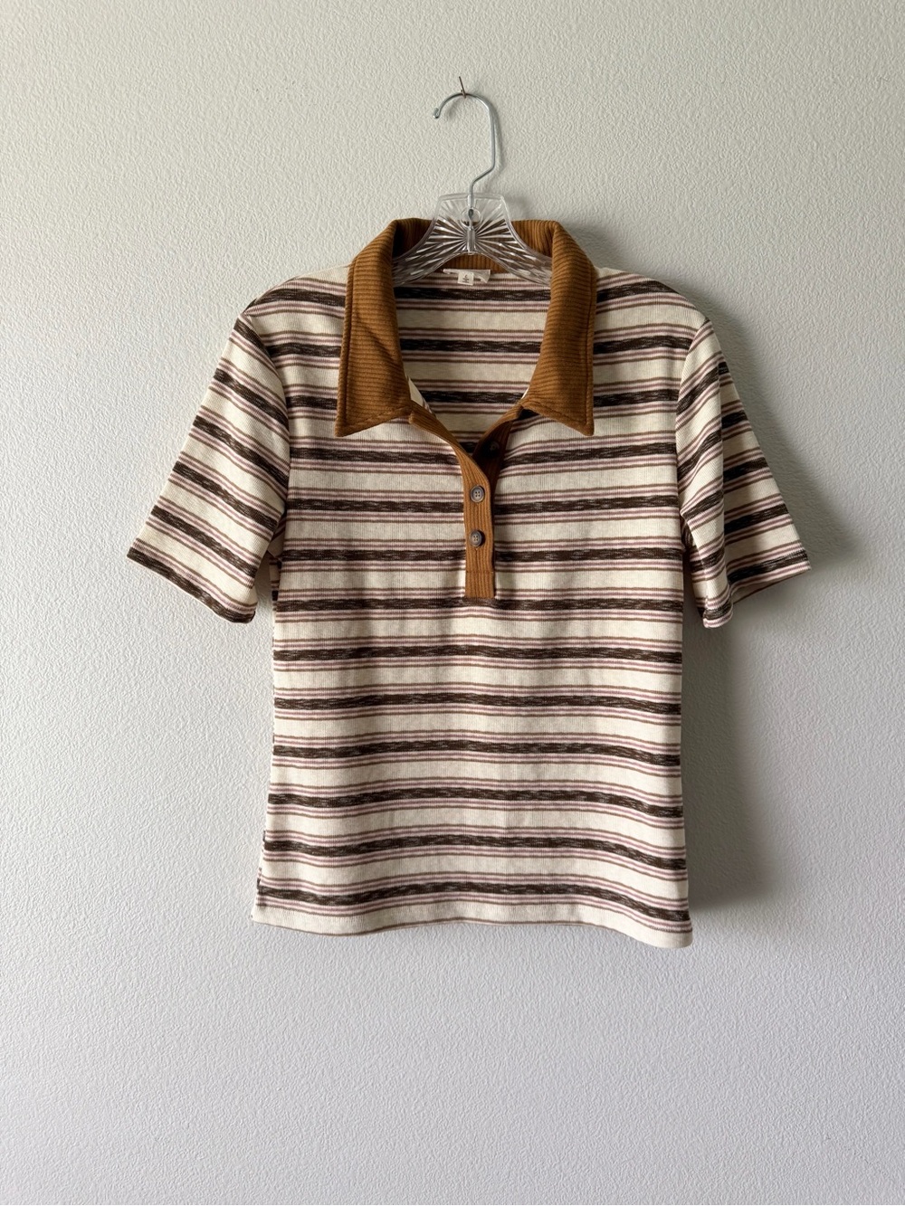 Hem & Thread Cream Brown Pink Striped Polo with Tan Collar